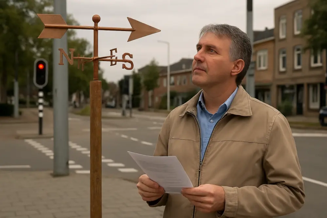 Man van begin 50 staat op een kruispunt in Alphen aan den Rijn naast een houten paal met een koperen windwijzer, terwijl hij een formulier vasthoudt en nadenkend omhoog kijkt